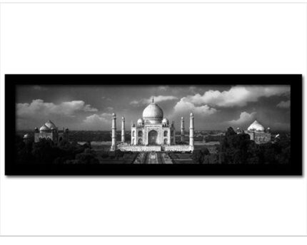 Framed Faux Canvas Print: Taj Mahal on a Cloudy Day. Black and White photo print.  Overall Size 19.5 x  7.5inches