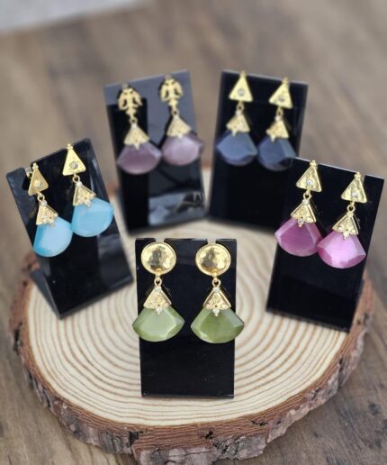 22K gold-plated bronze earrings, featuring stunning cat eye stones and sparkling white zircon accents.