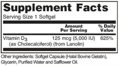 Supplement facts of Halal Vitamin D3 5000 IU Softgels