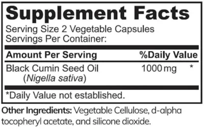 Supplement Facts of Halal Black Seed Oil Veggie Capsules