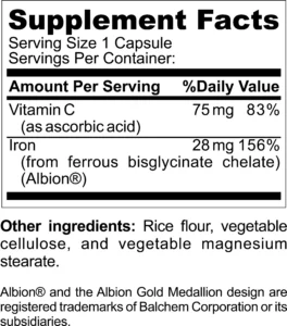 Supplement fact of Halal Iron + Vitamin C Capsules