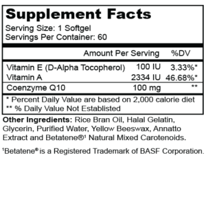 Supplement facts of Halal CoQ 10 + Vitamin E Softgels