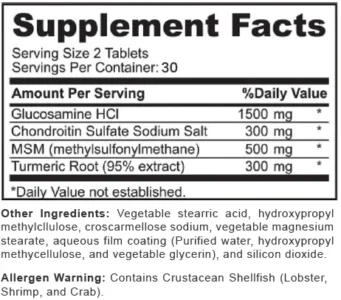 Supplement facts of Halal Joint Support with Glucosamine + Turmeric + Chondroitin Tablets