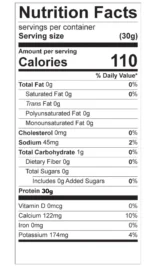 Supplement facts of Whey Protein Powder Isolate Unsweetened No Carbs and No Fat- 2 pounds bag