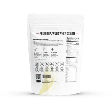 Supplement facts of Whey Protein Powder Isolate Unsweetened No Carbs and No Fat- 2 pounds bag Back side