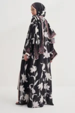 Black open-front viscose abaya with a flowing cut