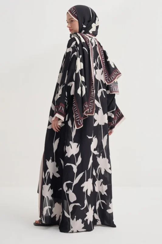 Black open-front viscose abaya with a flowing cut