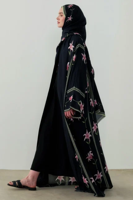 Black open-front viscose abaya with floral design