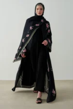 Blooming black modest abaya, one size, 140 cm long