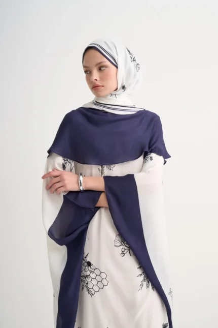 Cream kaftan with shawl collar in viscose cotton