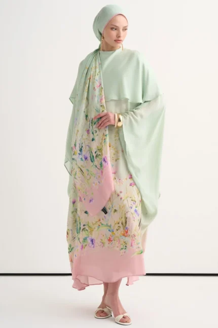 Rosalie mint green scarf collar kaftan by Tülin Moda