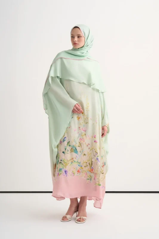 Mint green open-front kaftan with scarf collar, viscose cotton