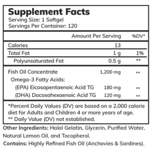 Supplement facts of Halal Fish Oil Omega-3 (Halal Gelatin) Softgels