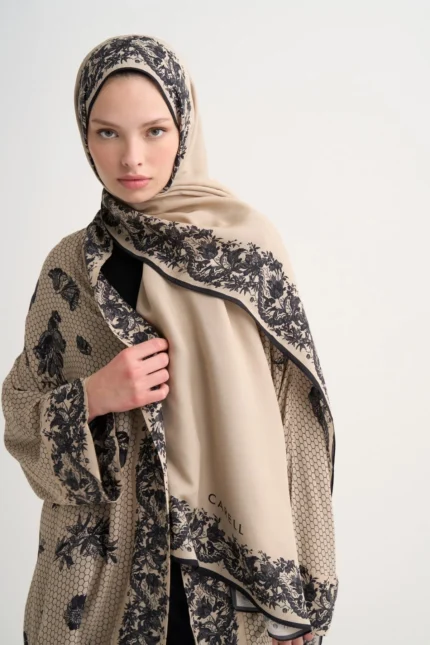 Taupe floral floss abaya, an open-front viscose modest abaya by Tülin Moda