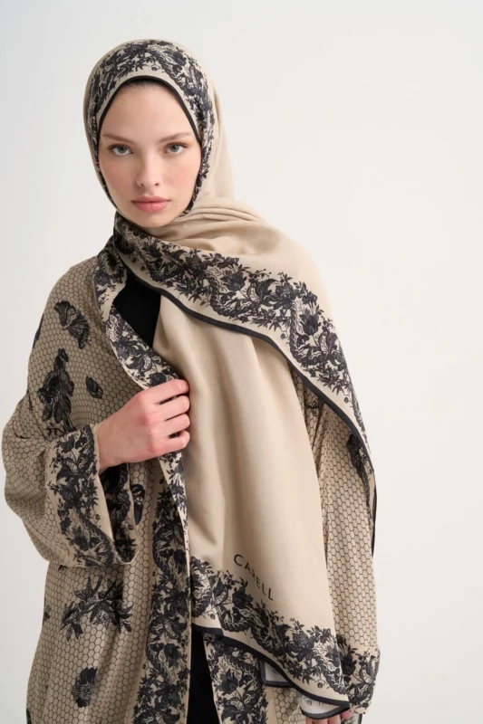 Taupe floral floss abaya, an open-front viscose modest abaya by Tülin Moda