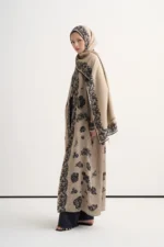 Tülin Moda taupe floral abaya in soft viscose, made in Türkiye